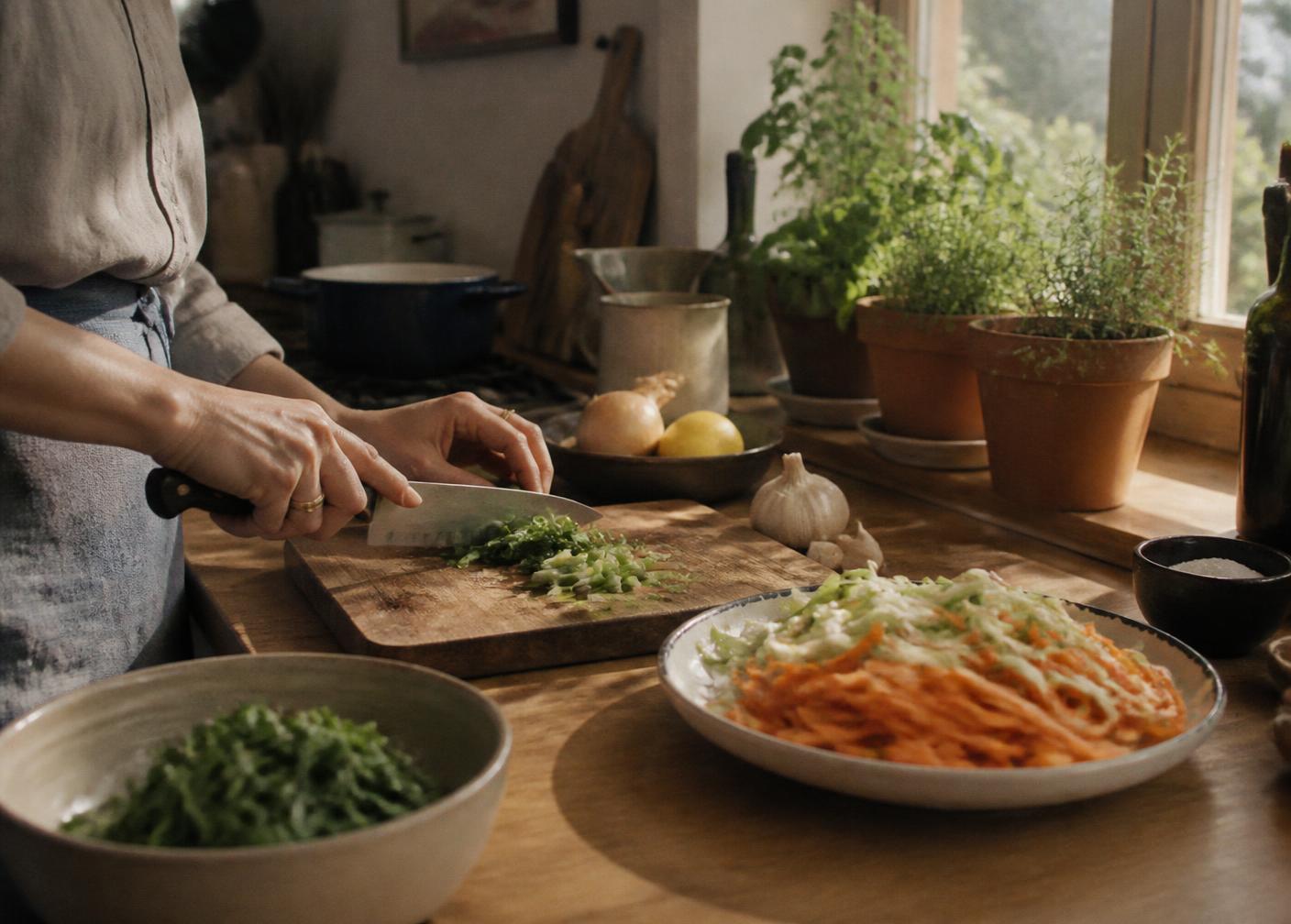Hands preparing a simple homemade meal in a warm home kitchen