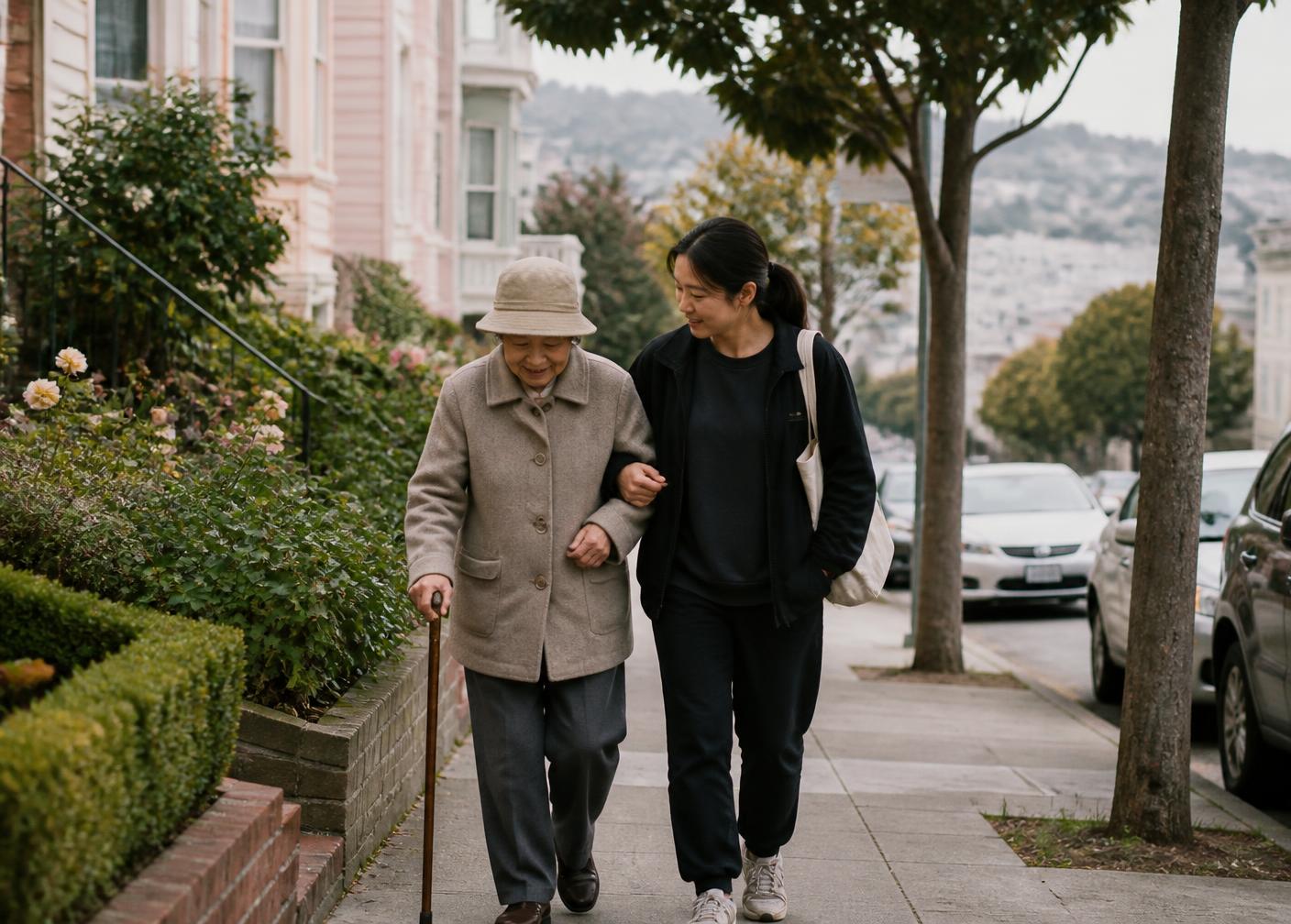 An older adult and a caregiver walking together on a leafy San Francisco sidewalk